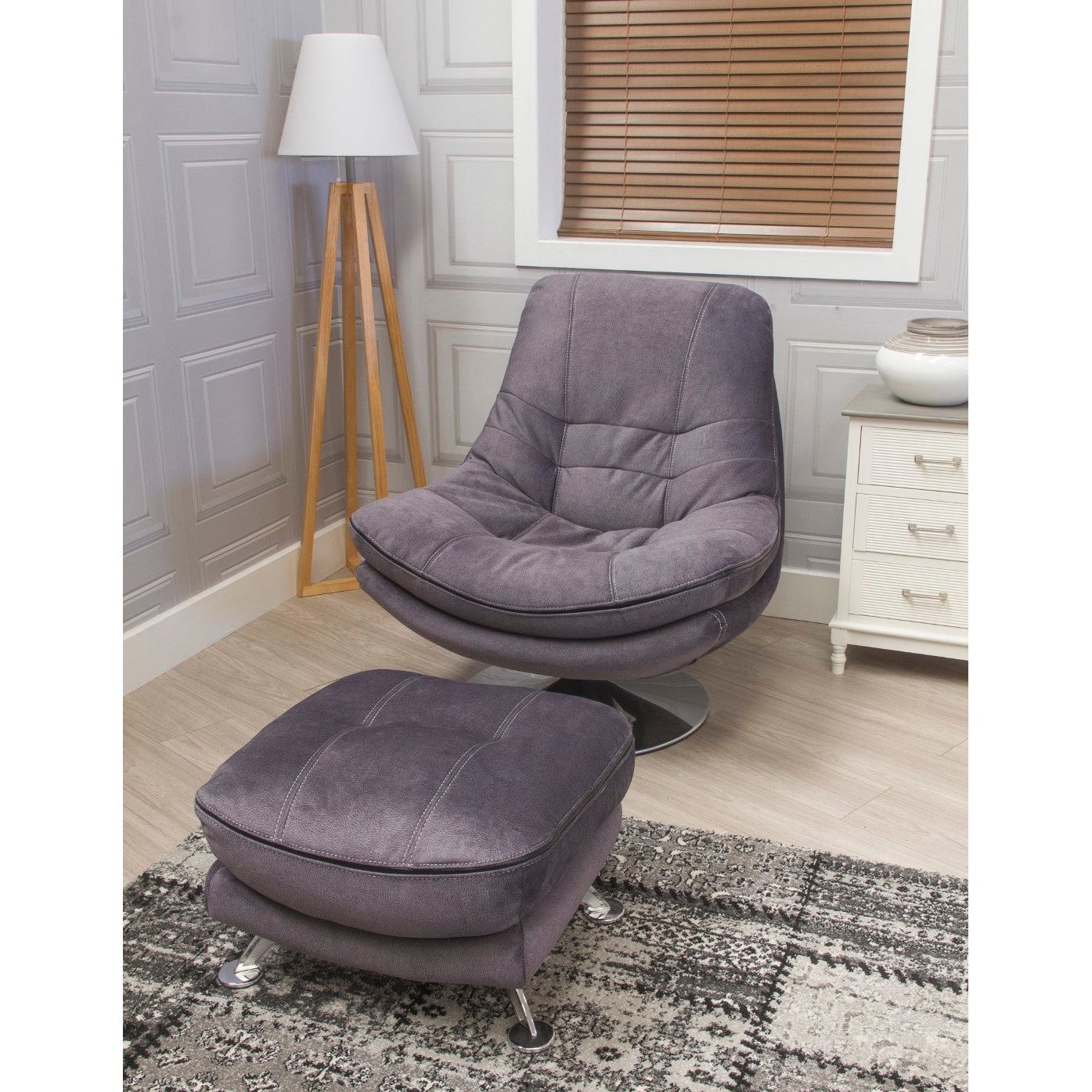Zoey Accent Swivel Chair & Stool - Soft Dark Grey Fabric