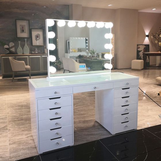 Hollywood Dressing Table 13 drawers - White Glass