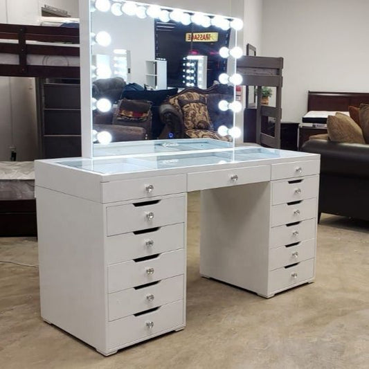 Hollywood Dressing Table 13 drawers - White Glass